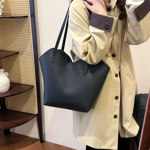 Women Retro Large Capacity Litchi Grain PU Leather Tote Bag Fashion V-Shaped Opening Shoulder Bag Commuter Shopper Handbag