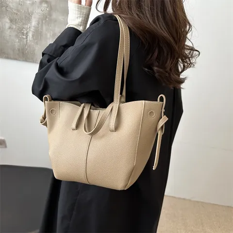Women Litchi Pattern Tote Bag Contrast Stitching Large Capacity PU Leather Shoulder Bag Urban Commute Fashion Handbag