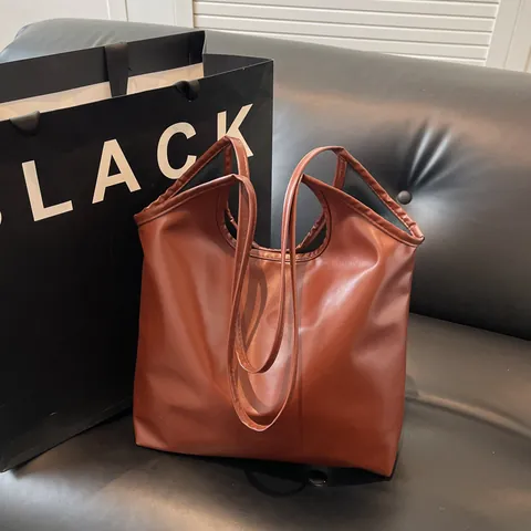 Large Capacity Minimalist PU Leather Tote Bag For Women Fashion Commuter Shoulder Bag Soft Casual Solid Color Shopper Bag