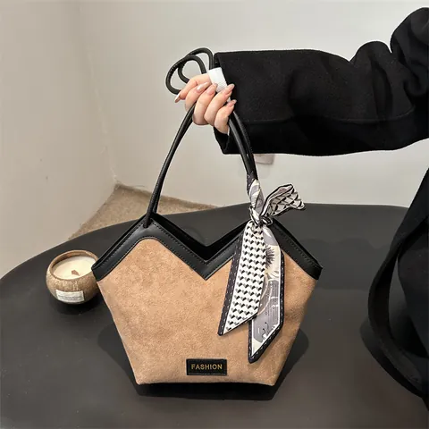 Women's Fashion Faux Suede Large Capacity Tote Bag V-Shaped Opening Shoulder Bag With Decorative Silk Scarf Casual Commuting Handbag