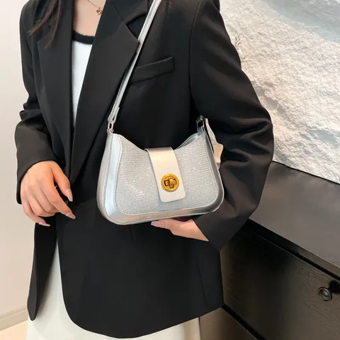 Women Korean Style Sequin Glitter Underarm Bag PU Leather Splicing Shoulder Bag Gold Metal Lock Fashion Small Hobo Bag
