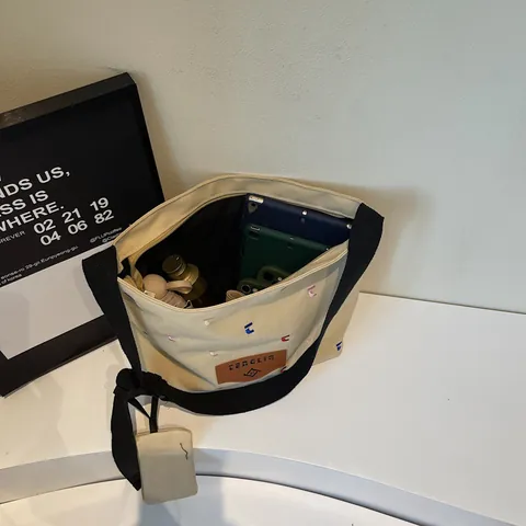 Women Canvas Tote Bag With Mini Hanging Purse Contrast Color Letter Embroidery Large Capacity Crossbody Bag With Wide Shoulder Strap Fashion Casual Travel Handbag