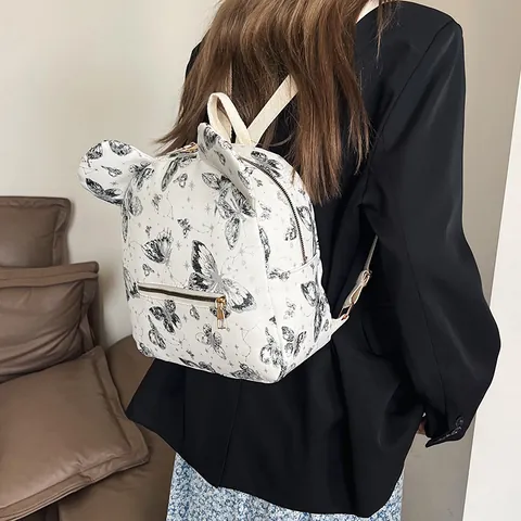 Dames Mode Vlinder Print Rugzak Met Ronde Oren PU Leer Mini Reistas Voor Meisjes Casual Schoudertas