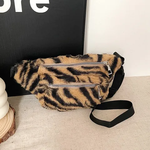 Women Plush Lamb Wool Waist Bag Double Zipper Crossbody Chest Bag Faux Fur Animal Print Fashion Casual Fanny Pack