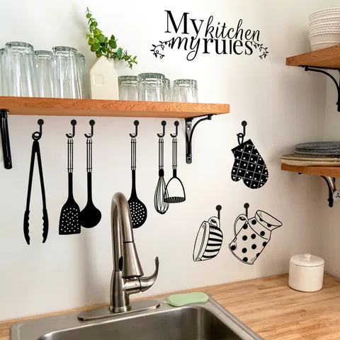 My Kitchen My Rules Wall Sticker Removable PVC Utensils Slogan Decal For Dining Room Kitchen Cabinets Decor Home DIY Mural