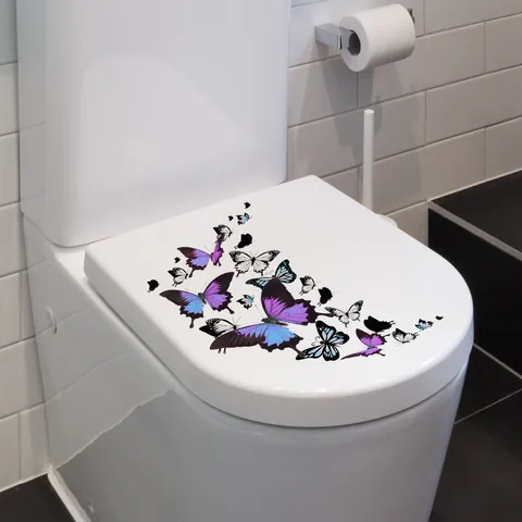Butterfly Toilet Lid Stickers Waterproof PVC Wall Decals For Bathroom Home Decor Purple Blue Butterfly Pattern Mural