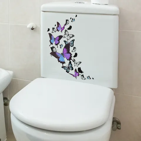 Butterfly Toilet Lid Stickers Waterproof PVC Wall Decals For Bathroom Home Decor Purple Blue Butterfly Pattern Mural