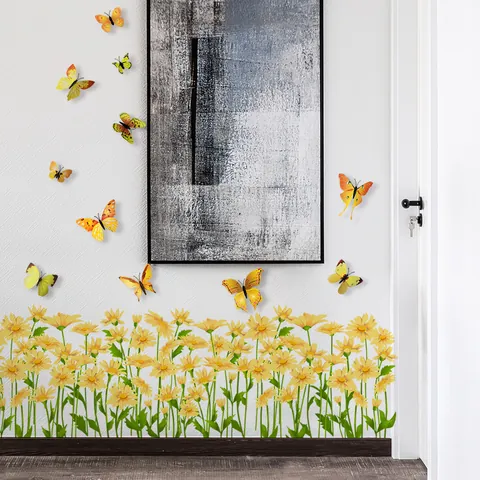 Gelbe Gänseblümchen Blume Und 3D Schmetterling Wandaufkleber Wasserdicht PVC Selbstklebend Home Decor Für Wohnzimmer Schlafzimmer