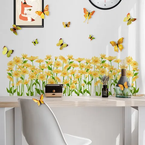 Gelbe Gänseblümchen Blume Und 3D Schmetterling Wandaufkleber Wasserdicht PVC Selbstklebend Home Decor Für Wohnzimmer Schlafzimmer