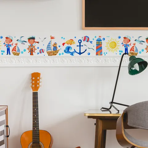 Nautical Cartoon Sailboat Wall Sticker For Kids Room Bedroom PVC Self Adhesive Marine Border Decal Home Decor Decorating