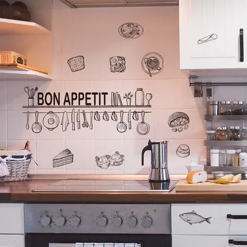 Bon Appetit Kitchen Wall Stickers Hand Drawn Food Utensils PVC Self Adhesive Removable Decal For Dining Room Home Decor