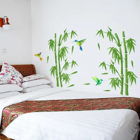 Chinese Style Bamboo Green Leaf Wall Decals Colorful Hummingbird PVC Wall Stickers For Living Room Bedroom Home Decor Art Mural