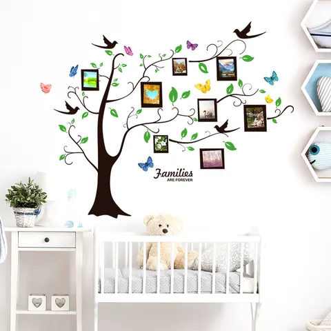 Families Are Forever Bilderrahmen Baum Wandtattoo PVC Abnehmbarer Großer Baum Mit Vögeln Schmetterlingen Aufkleber Für Wohnzimmer