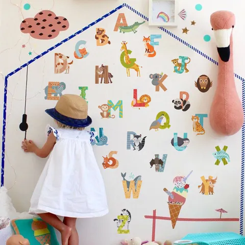 Cartoon Dieren Alfabet Muurstickers Educatieve ABC Muurstickers PVC Zelfklevende Decoratie Voor Kinderkamer Slaapkamer
