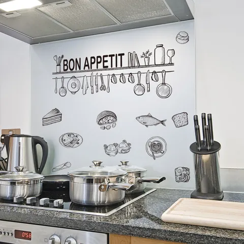Bon Appetit Kitchen Wall Stickers Hand Drawn Food Utensils PVC Self Adhesive Removable Decal For Dining Room Home Decor