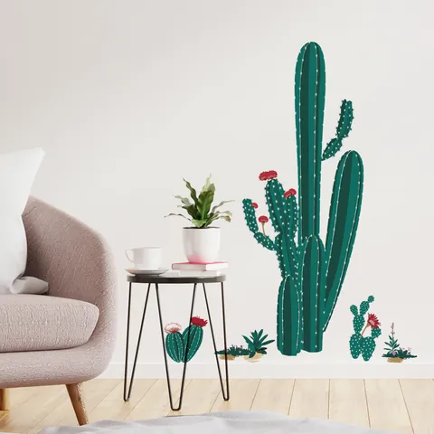 Pegatina de Pared de PVC de Cactus Decorativa Autoadhesiva Planta Verde para Sala de Estar Dormitorio Decoración Moderna
