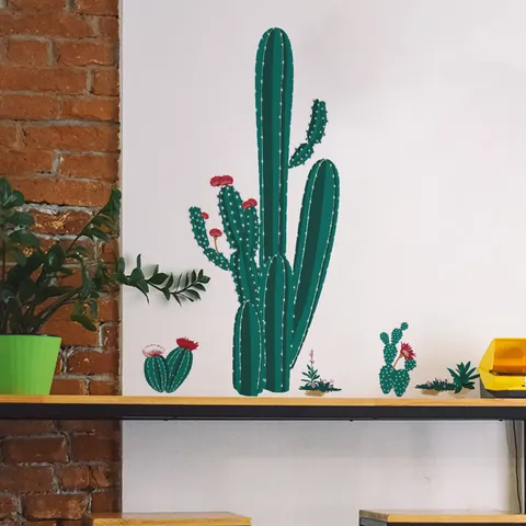 Pegatina de Pared de PVC de Cactus Decorativa Autoadhesiva Planta Verde para Sala de Estar Dormitorio Decoración Moderna