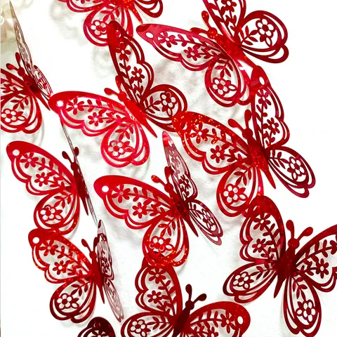 Stickers Muraux Papillons Ajourés Rouge Pailleté Décalcomanies Papillon Amovibles Pour Salon Chambre Décoration Maison