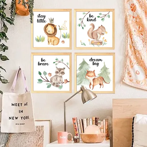 Cartoon Forest Animal Watercolor Wall Stickers For Kids Room Nursery Decor PVC Fox Lion Squirrel Raccoon Wall Decals