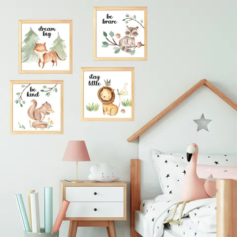 Cartoon Forest Animal Watercolor Wall Stickers For Kids Room Nursery Decor PVC Fox Lion Squirrel Raccoon Wall Decals