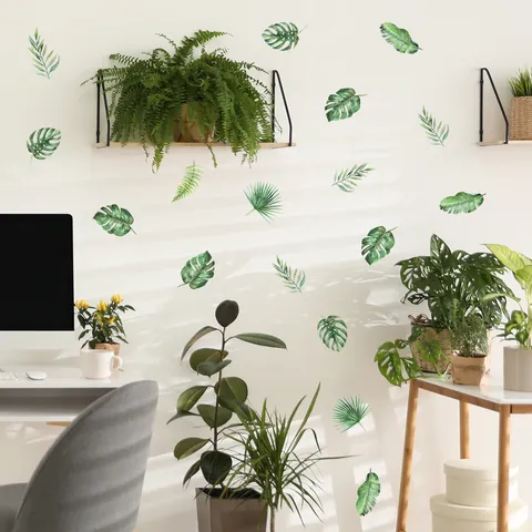 Tropische Groene Plantenbladeren Muurstickers Aquarel Monstera Palmblad Zelfklevend PVC Verwijderbare Decal Voor Huis Decor