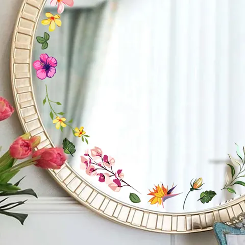 Floral Mirror Wall Stickers Waterproof PVC Removable Flower Hummingbird Butterfly Decals For Bathroom Bedroom Mirror Decoration