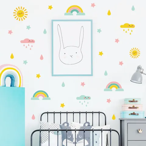 Cartoon Regenboog Wolk Zon Ster Regentropfen Muursticker Macaron Kleur PVC DIY Decoratieve Decals Voor Kinderkamer Home Decor