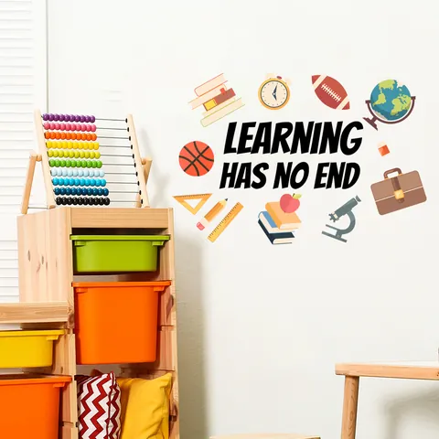 Educational Learning Has No End PVC Wall Decal Inspirational Quote Sticker Globe Books Icon For School Study Room Decor