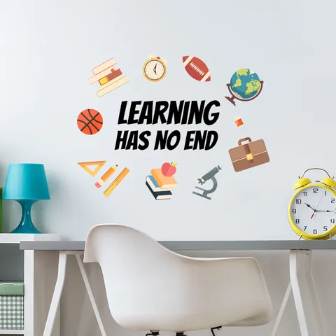 Educational Learning Has No End PVC Wall Decal Inspirational Quote Sticker Globe Books Icon For School Study Room Decor
