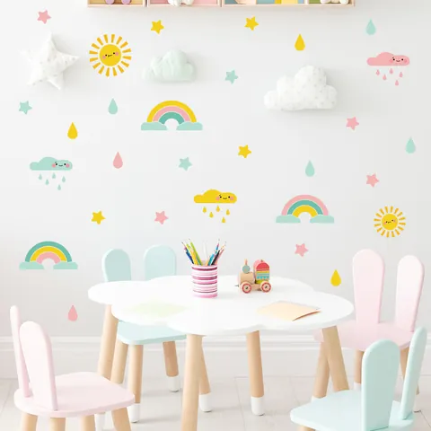 Cartoon Regenboog Wolk Zon Ster Regentropfen Muursticker Macaron Kleur PVC DIY Decoratieve Decals Voor Kinderkamer Home Decor