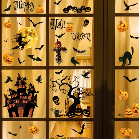 Halloween Fensterbilder Statische PVC Wandtattoos Kürbis Fledermaus Hexe Schloss Für Feiertag Party Haus Deko