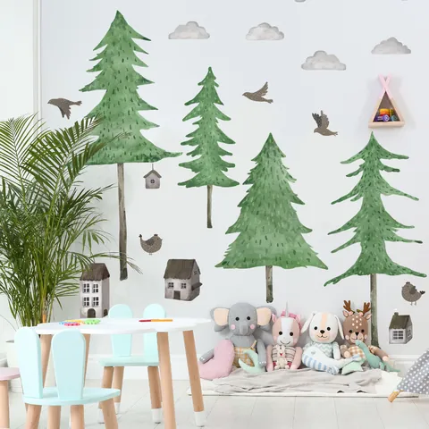Nordic Watercolor Forest Pine Trees Birds Houses Wall Stickers PVC Self Adhesive Decal For Kids Nursery Bedroom Wall Decor