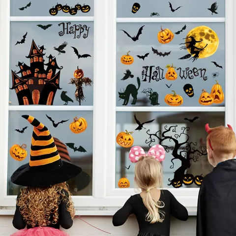 Halloween Fensterbilder Statische PVC Wandtattoos Kürbis Fledermaus Hexe Schloss Für Feiertag Party Haus Deko