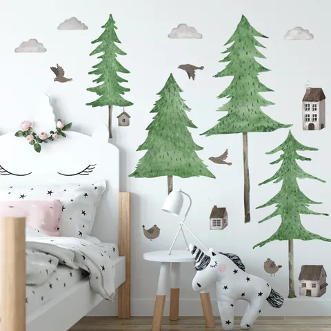 Nordic Watercolor Forest Pine Trees Birds Houses Wall Stickers PVC Self Adhesive Decal For Kids Nursery Bedroom Wall Decor