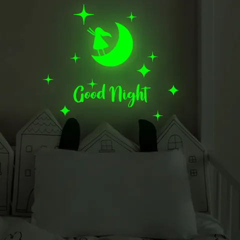 Sticker Mural Lumineux Lune Étoiles Silhouette de Fille Good Night PVC Auto-adhésif Décalcomanie pour Chambre d'Enfants Décoration