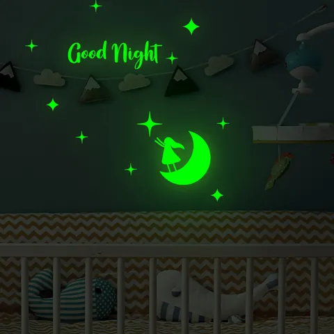 Sticker Mural Lumineux Lune Étoiles Silhouette de Fille Good Night PVC Auto-adhésif Décalcomanie pour Chambre d'Enfants Décoration