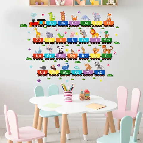 Cartoon Alphabet Train Animal Wall Stickers PVC Educational English Letters Decals For Kids Room Nursery Classroom Decor