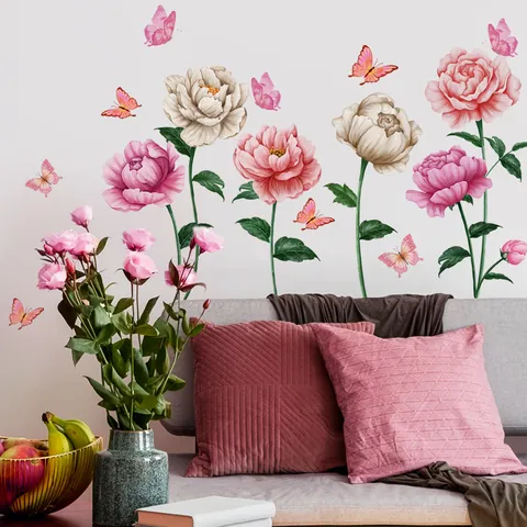 Watercolor Pink Peony Flower Butterfly Wall Stickers PVC Self Adhesive Removable Home Decor For Living Room Bedroom Wallpaper