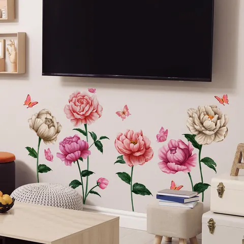 Watercolor Pink Peony Flower Butterfly Wall Stickers PVC Self Adhesive Removable Home Decor For Living Room Bedroom Wallpaper