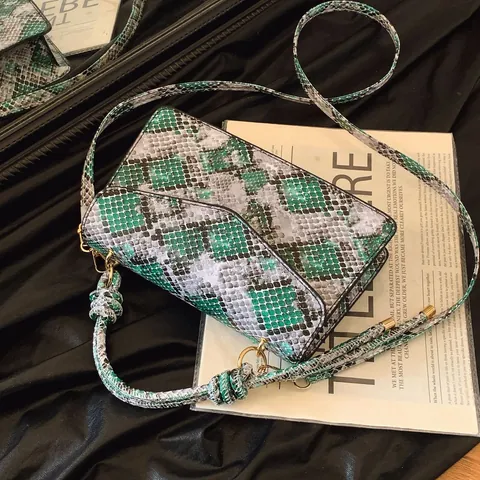 Fashion Snakeskin Pattern Handbag For Women PU Leather Knot Handle Shoulder Bag Contrast Color Messenger Crossbody Small Square Bag