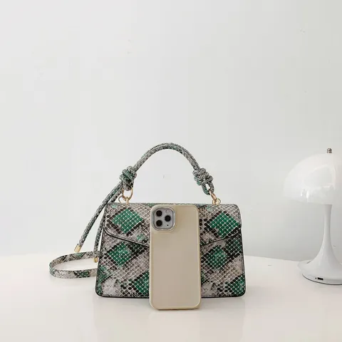 Fashion Snakeskin Pattern Handbag For Women PU Leather Knot Handle Shoulder Bag Contrast Color Messenger Crossbody Small Square Bag