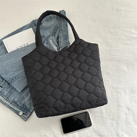 Bolso Tote de Nailon Acolchado para Mujer Gran Capacidad Minimalista Color Sólido Patrón de Rombos Bolso de Hombro Mullido para Viaje Diario Escuela Casual
