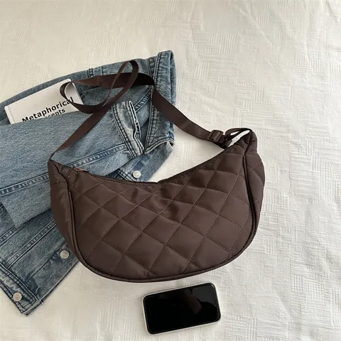 Bolso de Axila de Nailon Acolchado de Gran Capacidad para Mujer Color Sólido Vintage Bolso Bandolera Individual para Viaje
