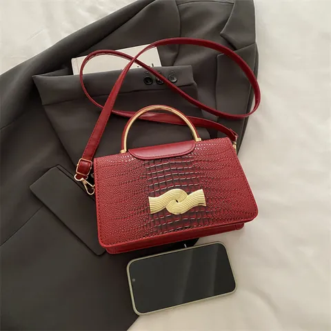Sac à Main Rétro pour Femmes en Cuir PU Motif Crocodile Avec Boucle Ondulée Or Poignée Métal Sac Bandoulière