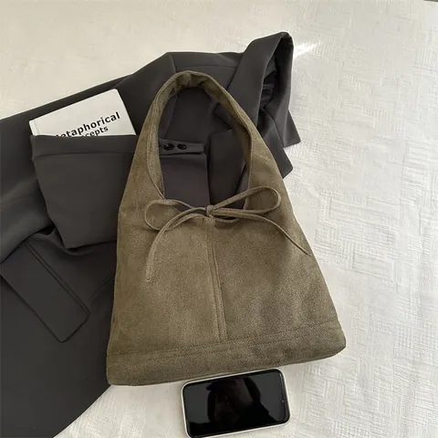 Women's Large Capacity Suede Look Tote Bag Vintage Matte Bowknot Shoulder Bag Fashion Hobo Underarm Bag Solid Color Handbag