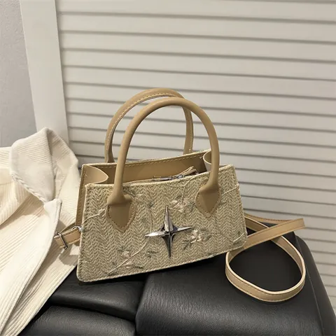 Women Floral Embroidery Woven Straw Handbag Vintage Star Metal Charm Small Square Bag Retro Shoulder Crossbody Bag