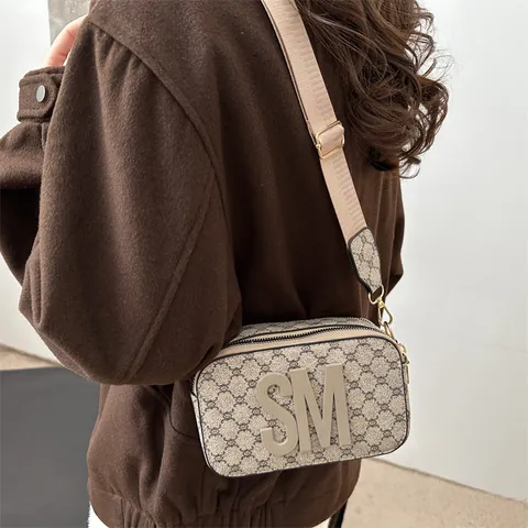 Women Vintage Old Flower Crossbody Camera Bag Letter SM Wide Shoulder Strap PU Leather Small Square Bag Daily Fashion Satchel