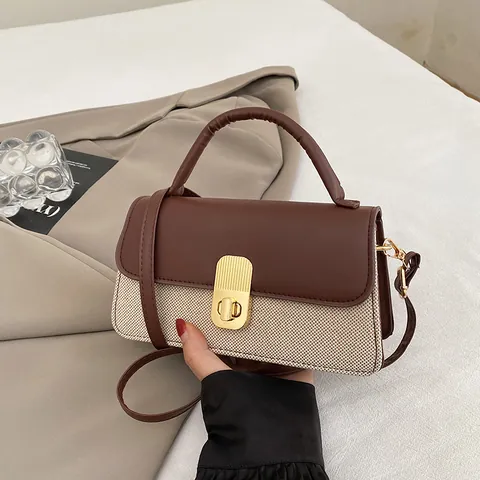 Damen Patchwork Umhängetasche PU Leder Gewebe Kleine Quadratische Handtasche Mit Verstellbarem Riemen Gold Metallschloss Daily
