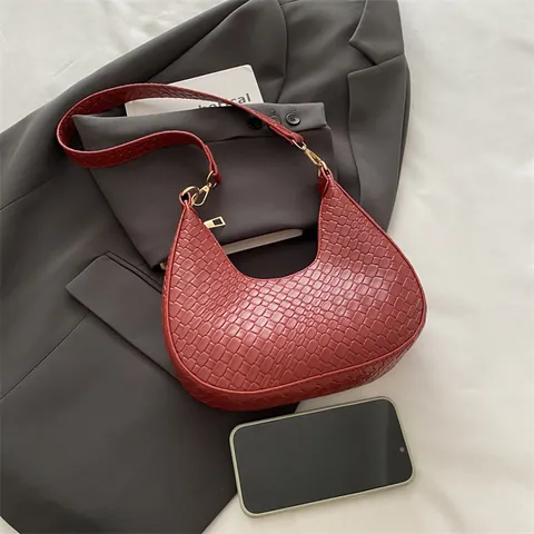 Bolso de Axila de Media Luna de Cuero PU con Textura Tejida Bolso de Hombro Retro de Color Sólido para Mujer Cierre de Cremallera Casual