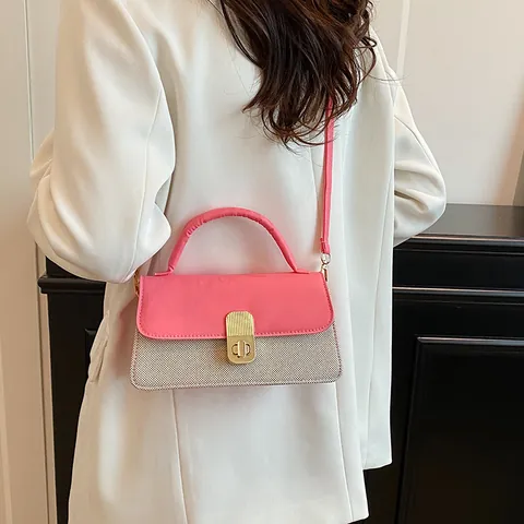 Damen Patchwork Umhängetasche PU Leder Gewebe Kleine Quadratische Handtasche Mit Verstellbarem Riemen Gold Metallschloss Daily